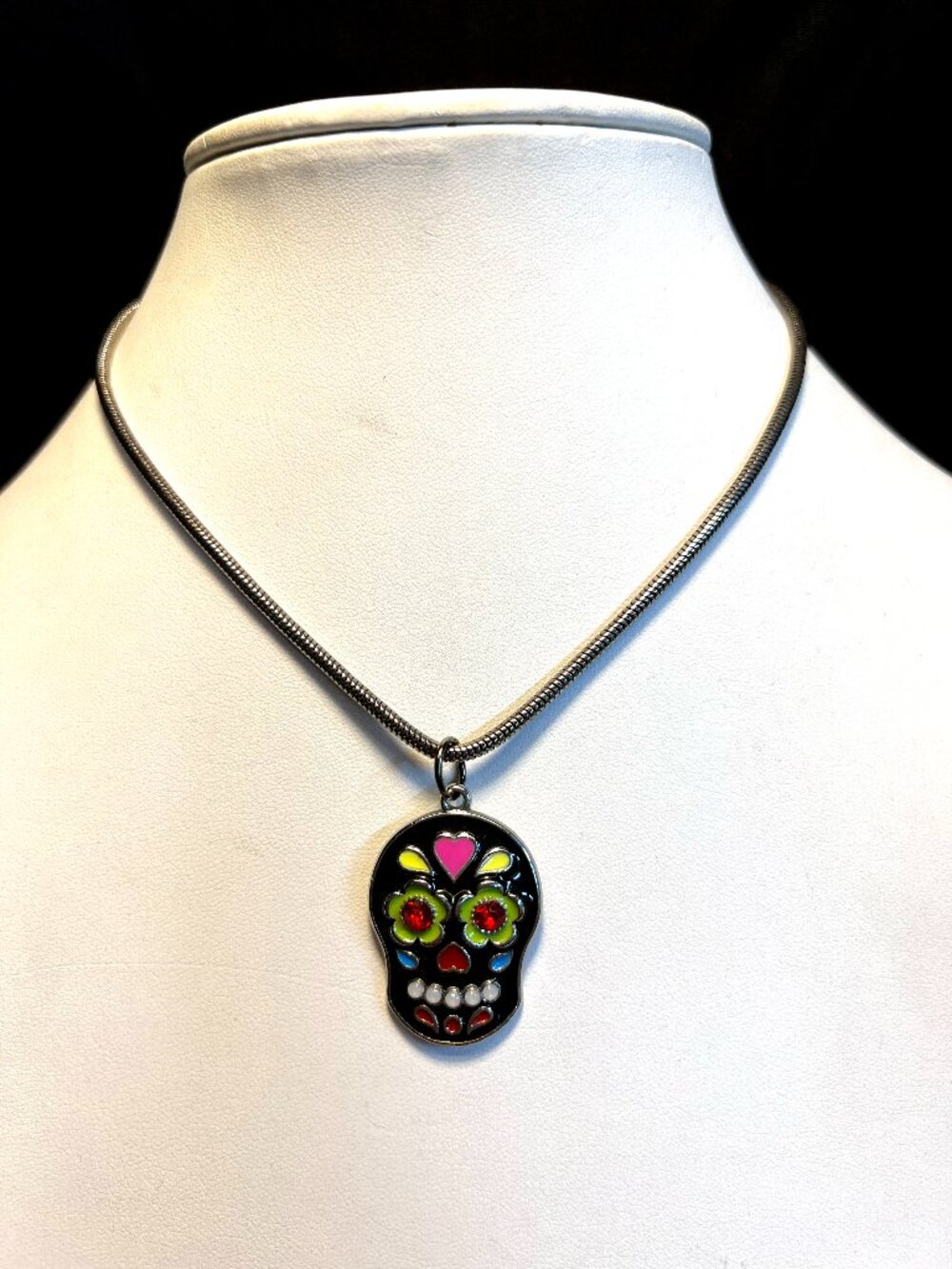 Sugarskull Pendant Necklace on Silvertone Snake Chain